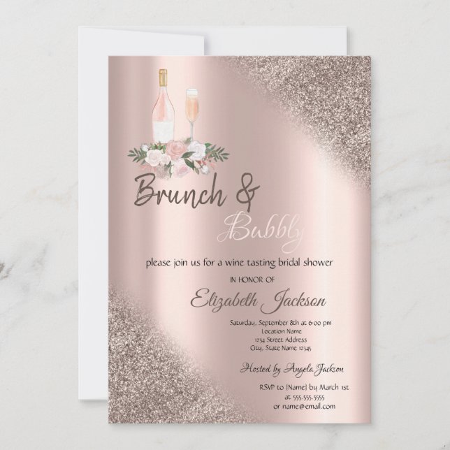 Convite Brunch & Espumante com Brilho em Dourado Rosado e  (Frente)