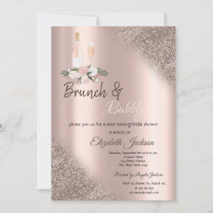 Convite Brunch & Espumante com Brilho em Dourado Rosado e