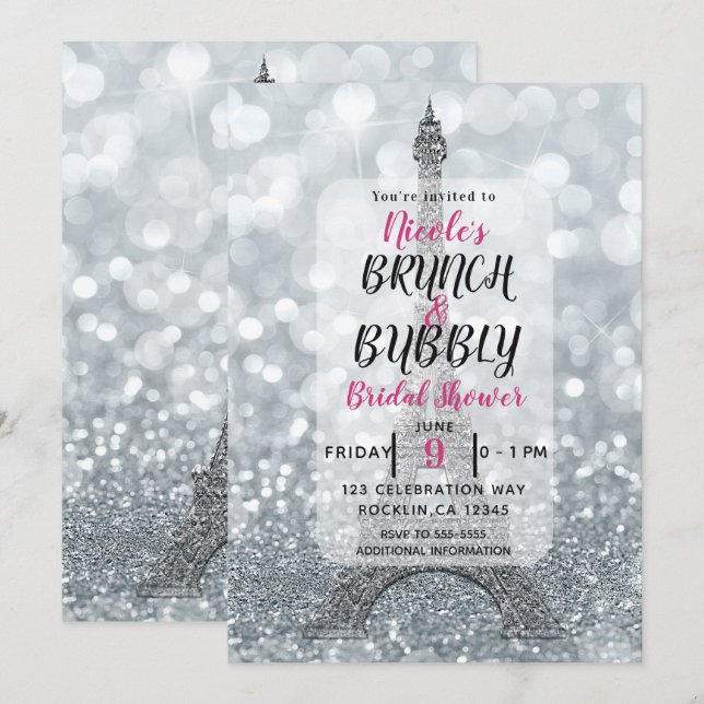 Convite Brunch Espumante com Brilho Prateado Torre Eiffel  (Frente/Verso)