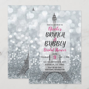 Convite Brunch Espumante com Brilho Prateado Torre Eiffel