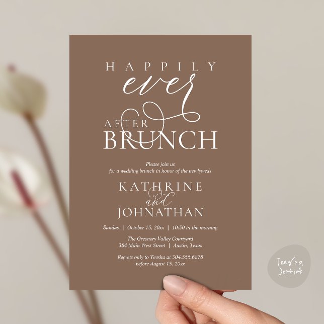 Convite Brunch Feliz para Sempre Após Casamento às Furas (Happily Ever After Brunch Post Wedding Elopement Reception Invitation Card in Taupe Brown)