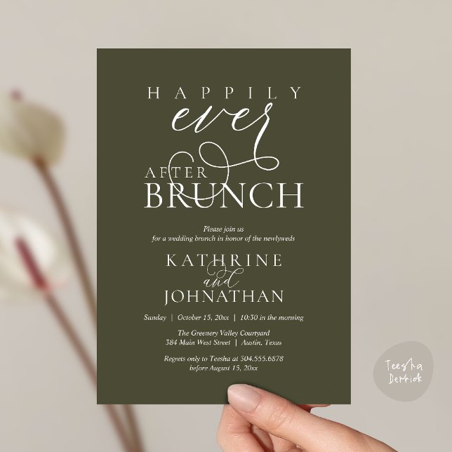 Convite Brunch Feliz para Sempre Após Casamento às Pressas (Happily Ever After Brunch Post Wedding Elopement Reception Invitation Card in Olive Green)