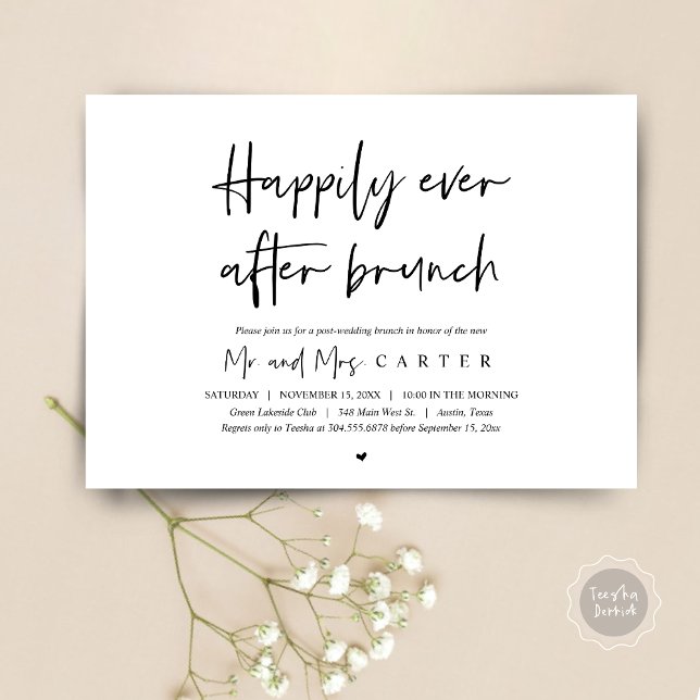 Convite Brunch Feliz para Sempre depois do casamento (Happily Ever After Brunch Invitation Card, Post wedding, Modern Script, Timeless Black and White)