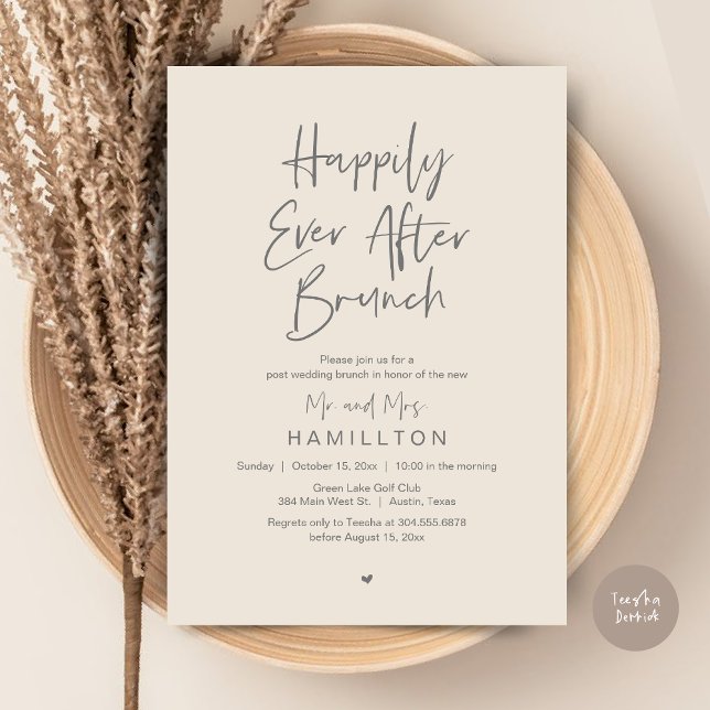 Convite Brunch Feliz para Sempre, Festa de Casamento Intim (Happily Ever After Brunch The Morning After Invitation Card PDF Newlyweds in Aesthetic Cream Grey)