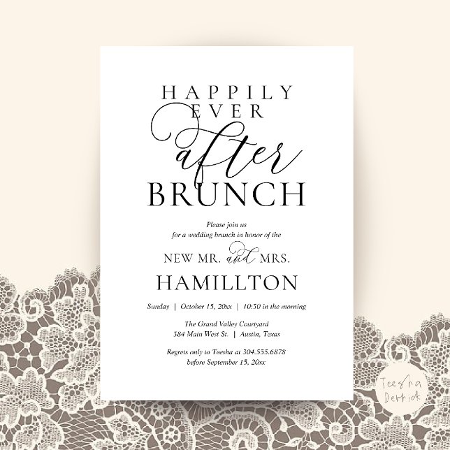 Convite Brunch Feliz para Sempre Pós-Casamento Moderno (Happily Ever After Brunch Modern Post Wedding Invitation Card in Black and white)