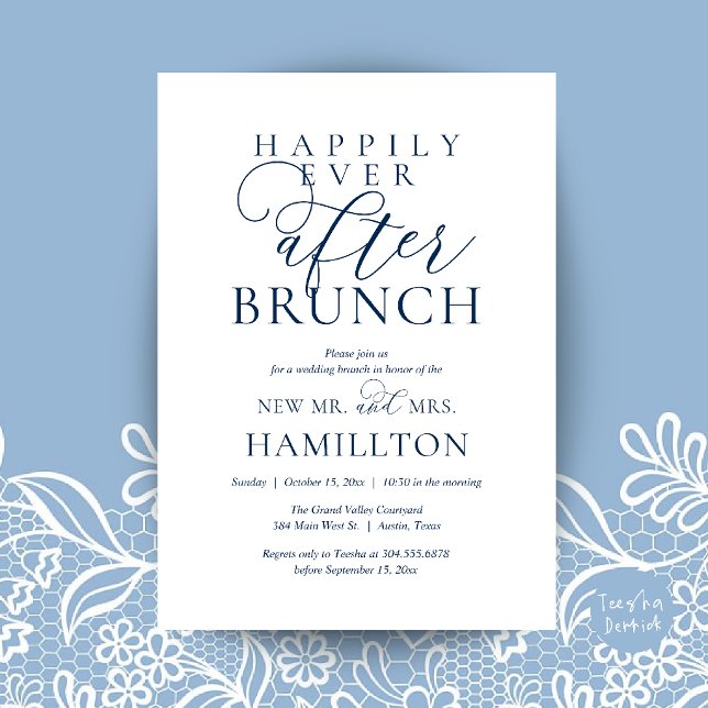 Convite Brunch Feliz para Sempre Pós-Casamento Moderno (Happily Ever After Brunch Modern Post Wedding Invitation Card in navy Blue)