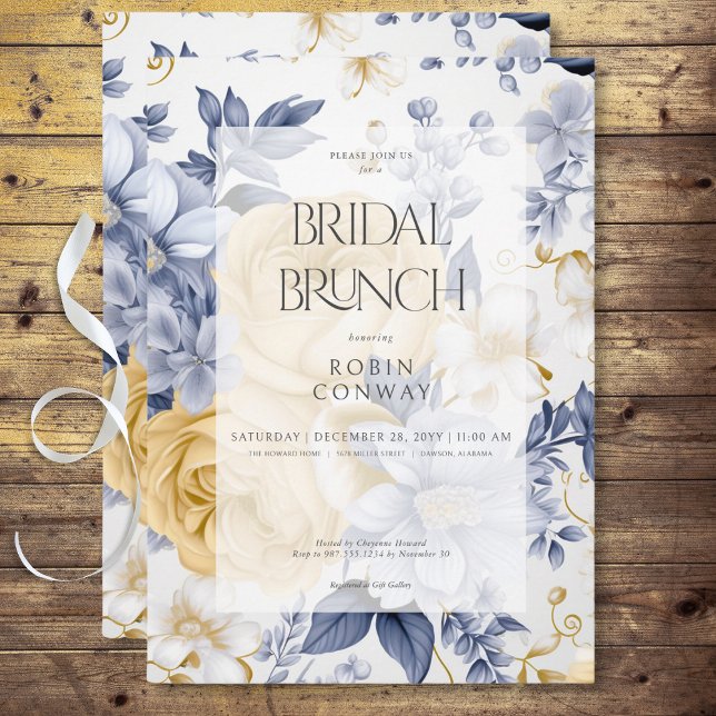 Convite Brunch Floral Amarelo Romântico Azul e Branco (Romantic Yellow Blue & White Floral Bridal Brunch Invitation)