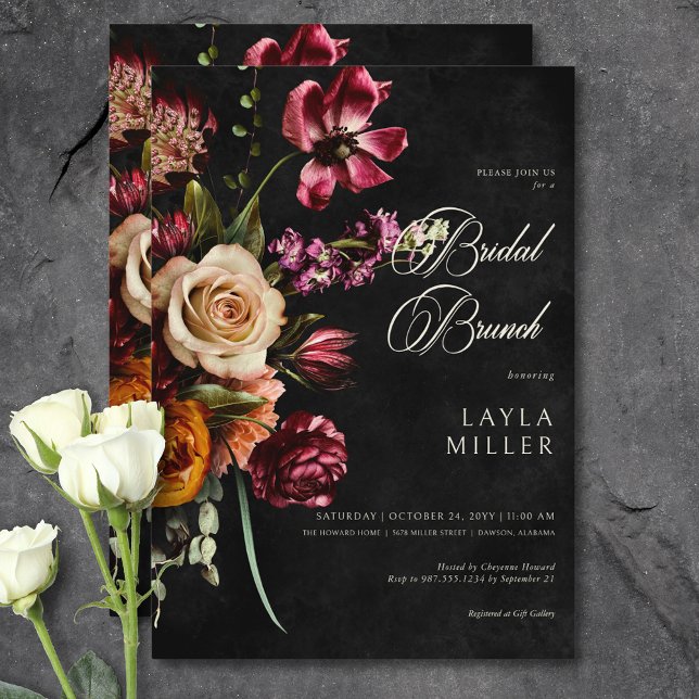 Convite Brunch Floral Bridal Negro Negro Escuro (Dark Elegant Black Autumn Floral Bridal Brunch Invitation)
