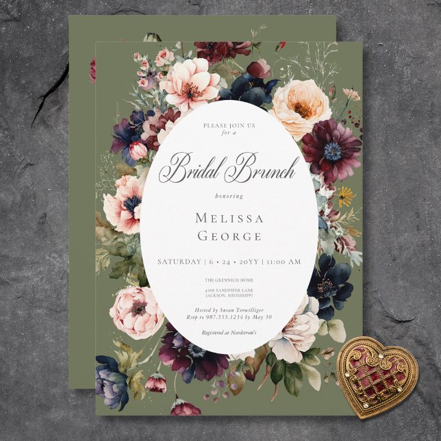 Convite Brunch Floral Bridal, Oval Verde Escuro (Dark Green Oval Floral Frame Bridal Brunch Invitation)