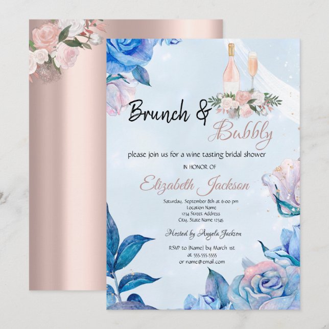 Convite Brunch Floral & Brinde Azul no Chá de Noiva (Frente/Verso)