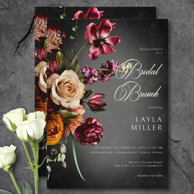 Convite Brunch Floral de Brida Floral de Outono Escuro Ele (Dark Elegant Blur Autumn Floral Bridal Brunch Invitation)