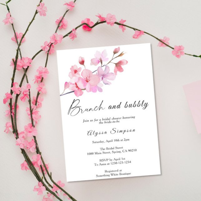 Convite Brunch Floral de Cerejeira e Bubbly (Criador carregado)