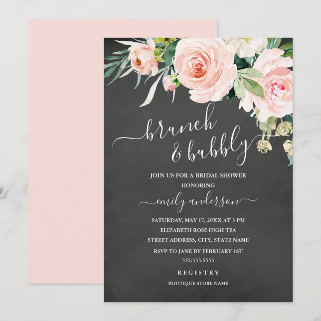 Convite Brunch Floral de Giz e Bridal Shower Espumante (Frente/Verso)
