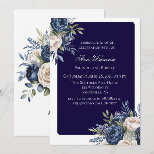 Convite Brunch Floral de marinho Azul e Marfim e Bubble