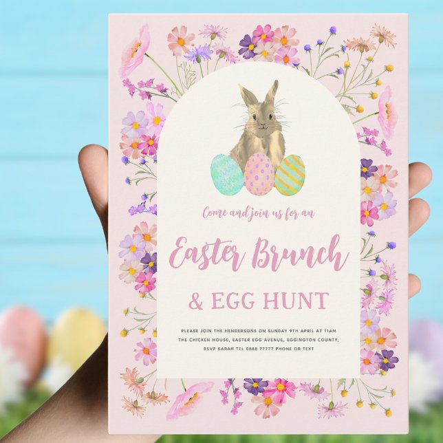 Convite Brunch Floral de Páscoa e Caça aos Ovos (Easter brunch and egg hunt boho wildflowers and bunny pink invitation )
