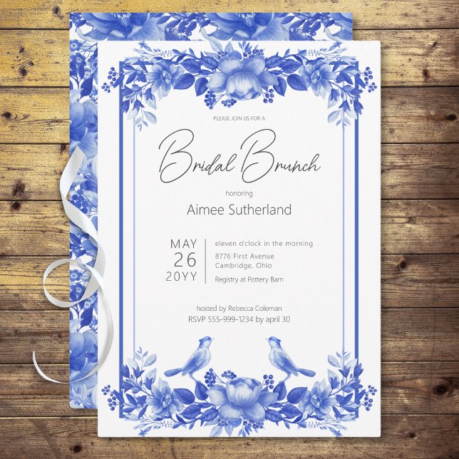 Convite Brunch Floral de Porcelana Bridal Azul e Branco (Blue & White Floral Porcelain Bridal Brunch Invitation)