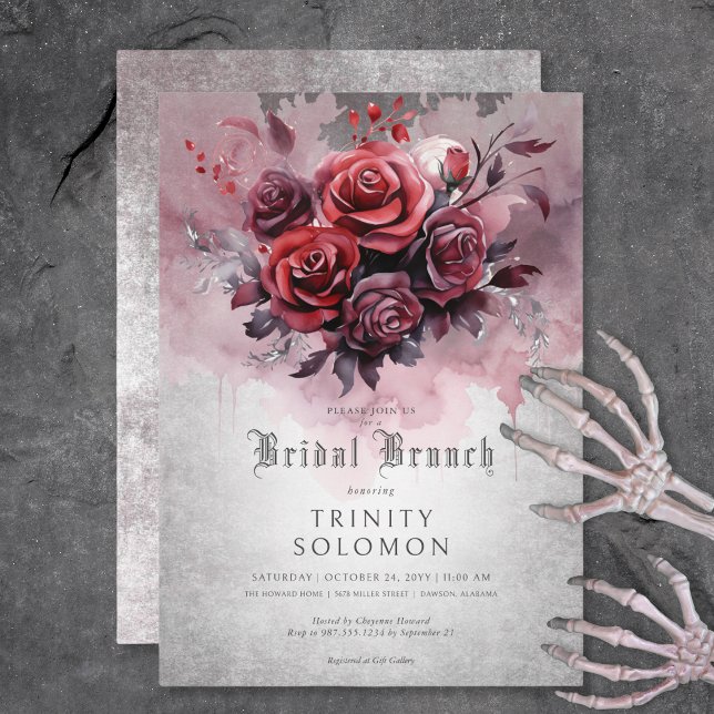 Convite Brunch Floral de Preto e Rosa vermelha Gótico (Gothic Black & Red Rose Floral Bridal Brunch Invitation)