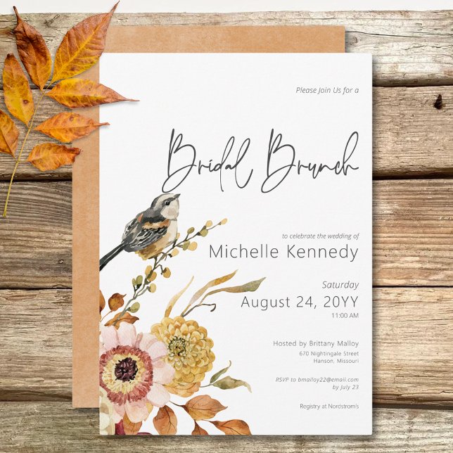 Convite Brunch Floral e Bridal de Pássaro Moderno (Modern Fall Floral & Bird Bridal Brunch Invitation)