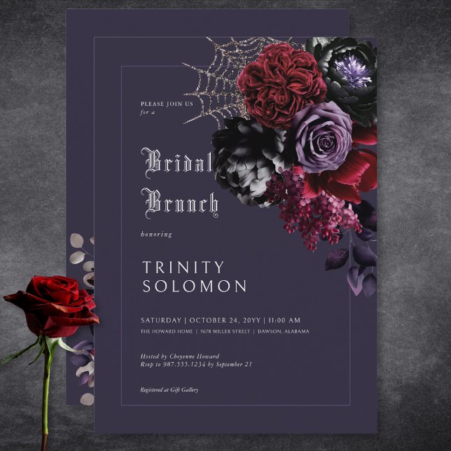 Convite Brunch Floral e Silver Roxo Escuro (Dark Purple Floral & Silver Web Bridal Brunch Invitation)