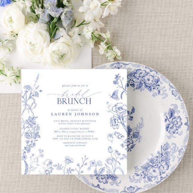 Convite Brunch Floral Floral Bridal Azul e Branco (Easily personalize this Regency or Bridgerton style brunch invitation for the perfect celebration!)