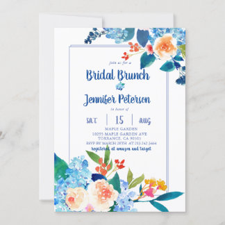 Convite Brunch Floral Floral Elegante Azul e Pêssego
