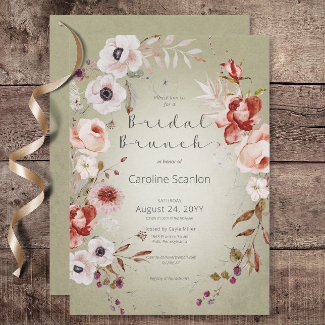 Convite Brunch Floral Floral Romântico Rosa Verde (Romantic Rose Green Floral Bridal Brunch Invitation)