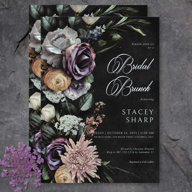 Convite Brunch Floral Misterioso Muted Gótico Escuro (Dark Gothic Mysterious Muted Floral Bridal Brunch Invitation)