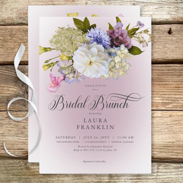 Convite Brunch Floral Moderno Floral Bridal (Periwinkle White Mauve Floral Modern Bridal Brunch Invitation)