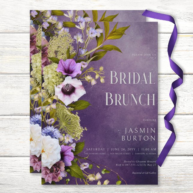 Convite Brunch Floral Moderno Roxo Escuro e Sage (Dark Purple & Sage Floral Modern Bridal Brunch Invitation)