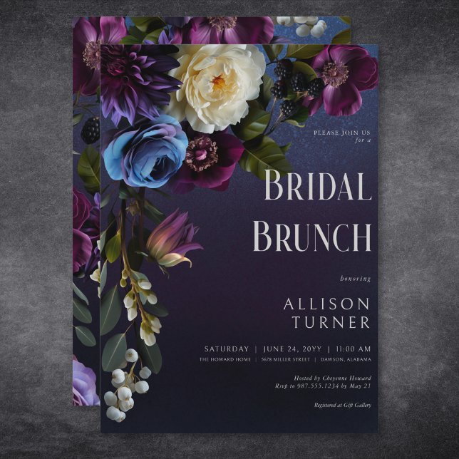 Convite Brunch Floral Moody Bridal Azul e Roxo Escuro (Dark Blue & Purple Floral Moody Bridal Brunch Invitation)