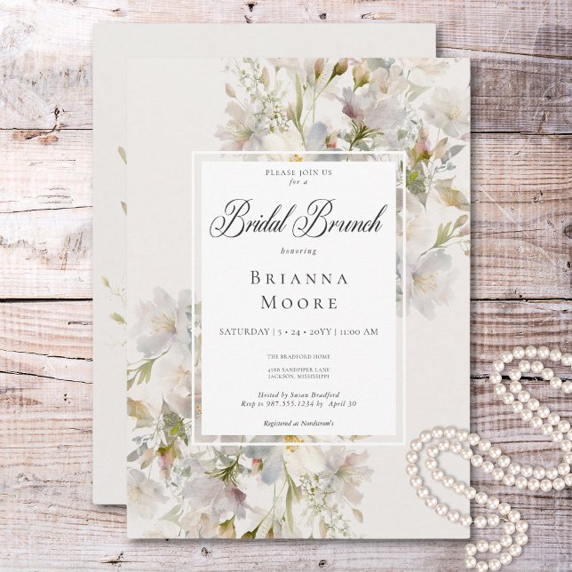 Convite Brunch Floral Romântico Branco e Cor-de-Rosa (Romantic Muted White & Pink Floral Bridal Brunch Invitation)