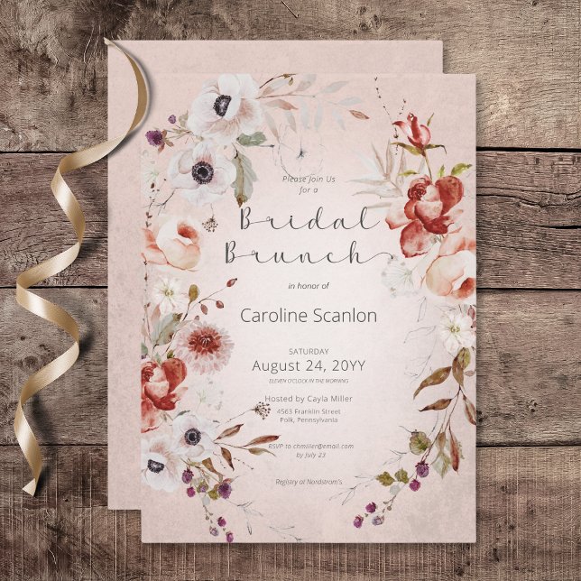 Convite Brunch Floral Romântico-Rosa-Rosa-Rosa (Romantic Rose Pink Floral Bridal Brunch Invitation)