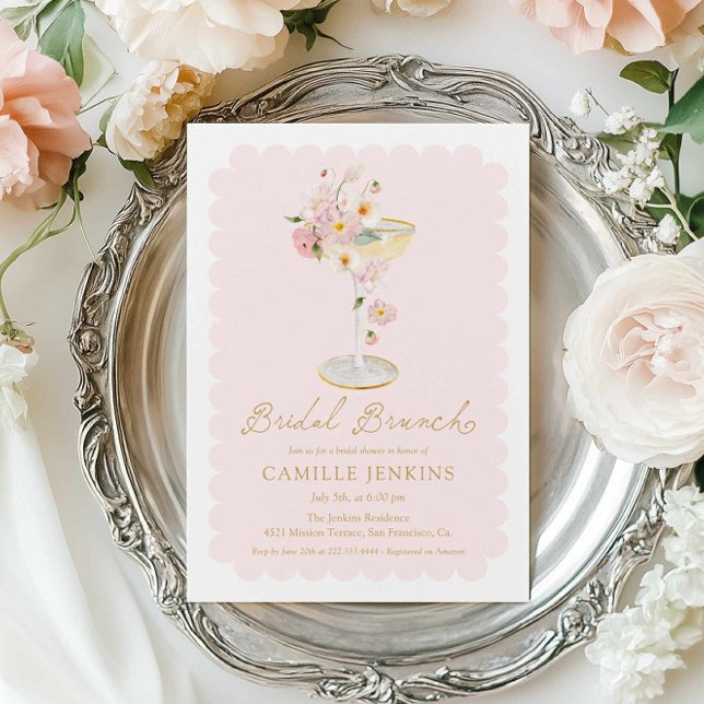 Convite Brunch Floral Rosa Elegante (Pink Floral Bridal Brunch Invitation)