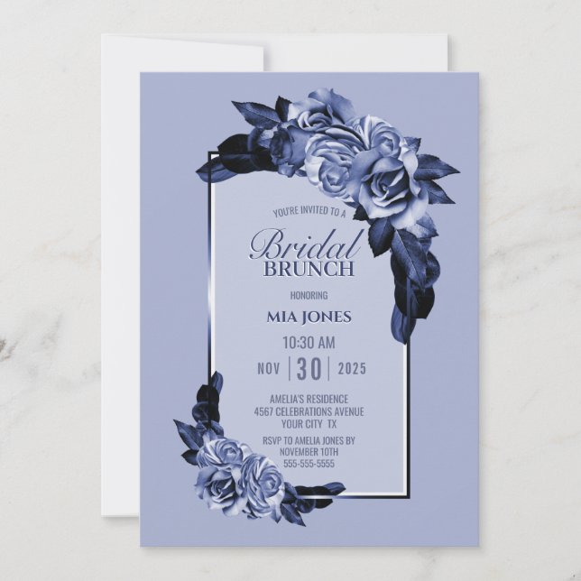 Convite Brunch Floral Rosa Floral Dusty Blue (Frente)