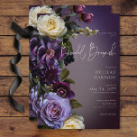 Convite Brunch Floral Roxo e Lavanda Escuro<br><div class="desc">Apresentando nosso belo convite de brunch de chá de panela que casado sem esforço a elegância moderna com o alento vintage. Colocado contra um fundo de ameixa roxa, um buquê solto lateral macio ganha vida, apresentando púrpura escura, lavanda, branco creme, e flores borboletas ao lado de um delicado verde botânico....</div>