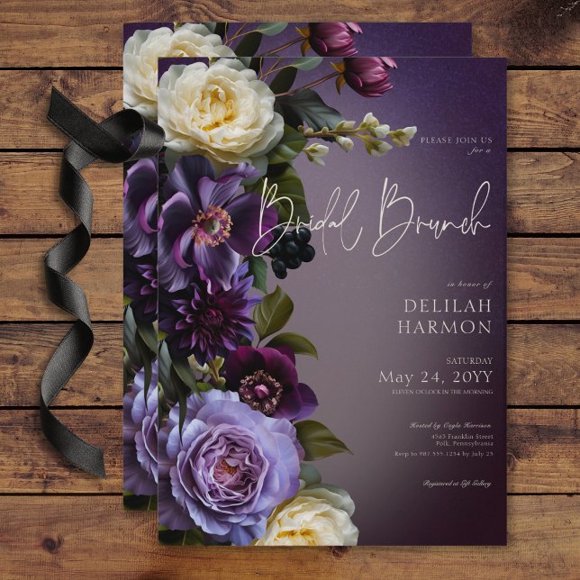 Convite Brunch Floral Roxo e Lavanda Escuro (Dark Moody Purple & Lavender Floral Bridal Brunch Invitation)