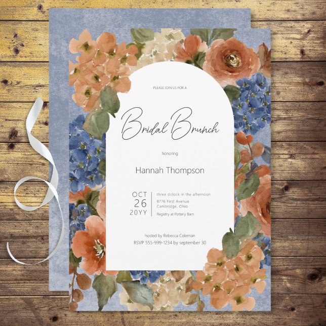 Convite Brunch Floral Rustic Blue & Rust (Rustic Blue & Rust Floral Bridal Brunch Invitation)