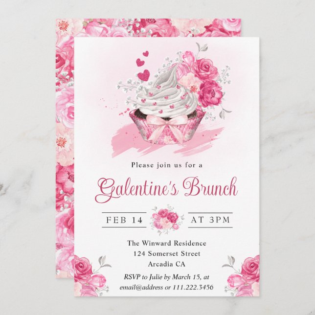 Convite Brunch Galentine de Bolo-de-Aquarela e Flores (Frente/Verso)