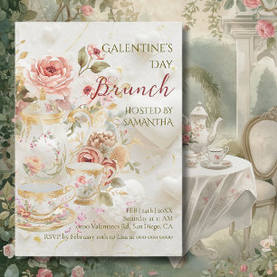 Convite Brunch Galentine de Chá Floral Rococó Pastéis Suav