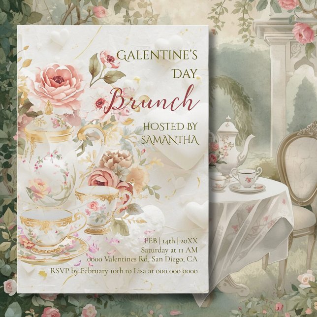 Convite Brunch Galentine de Chá Floral Rococó Pastéis Suav (Criador carregado)