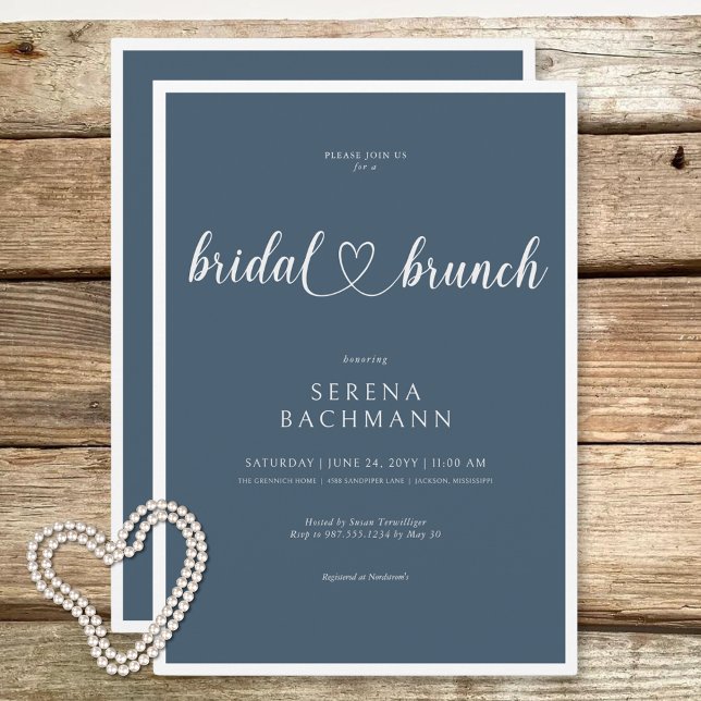 Convite Brunch Mínimo Azul Romântico Moderno (Modern Romantic Minimal Blue Bridal Brunch Invitation)