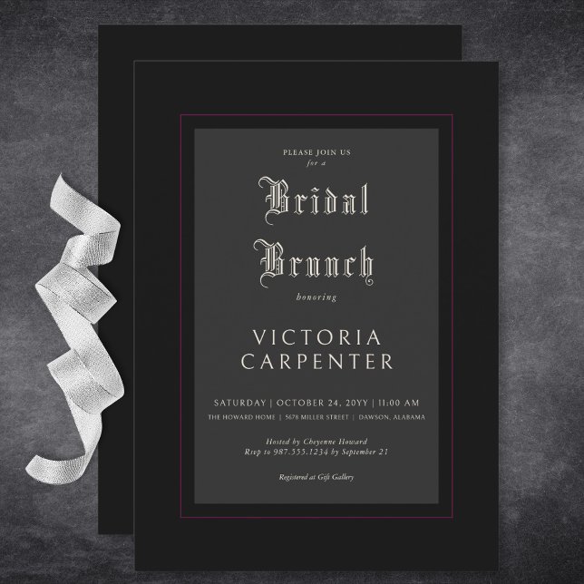 Convite Brunch Mínimo Negro e Borgonha Gótico Escuro (Dark Gothic Minimal Black & Burgundy Bridal Brunch Invitation)