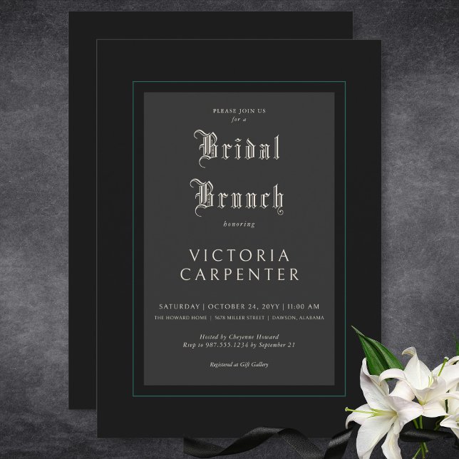 Convite Brunch Mínimo Negro e Bridal Gótica Escuro (Dark Gothic Minimal Black & Teal Bridal Brunch Invitation)