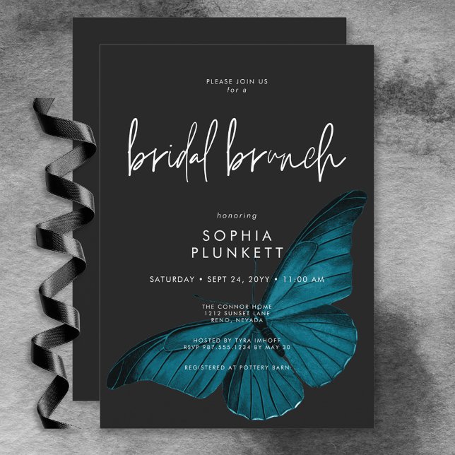 Convite Brunch Mínimo Névoa Névoa Névoa Escura (Dark Moody Minimal Teal Moth Bridal Brunch Invitation)