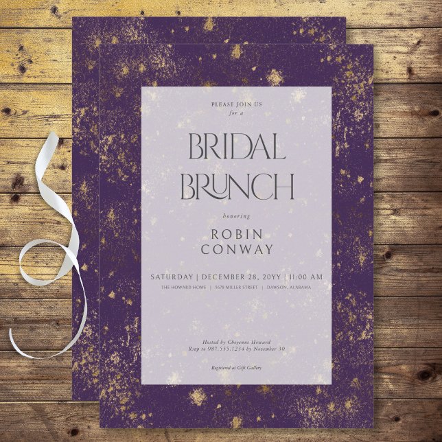 Convite Brunch Mínimo Roxo e Dourado de Brida de Lâmpada (Modern Minimal Purple & Gold Glitter Bridal Brunch Invitation)