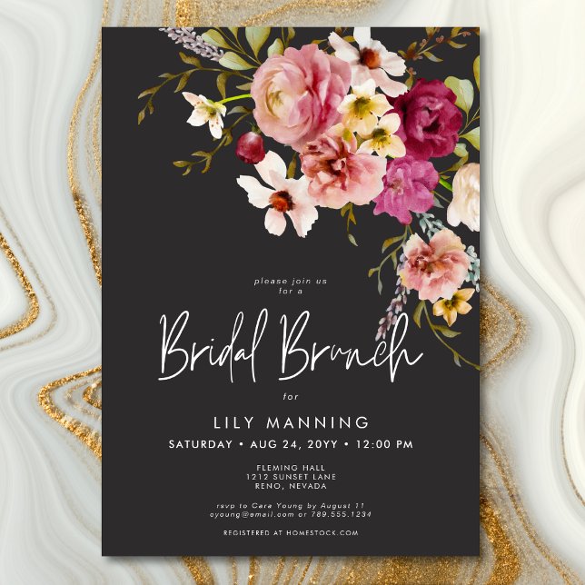 Convite Brunch Negra Floral Negra Floral Moderno Elegante (Modern Elegant Meadow Floral Black Bridal Brunch Invitation)