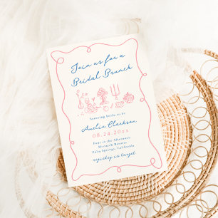 Convite Brunch Nupcial Azul e Rosa Desenhado à Mão Caprich