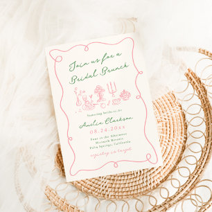 Convite Brunch Nupcial Rosa e Verde Desenhado à Mão Capric