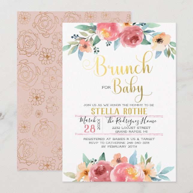 Convite Brunch para bebê - Flores de primavera (Frente/Verso)