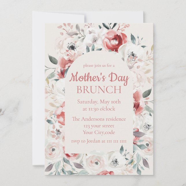 Convite Brunch para Dia de as mães de rosa Garden (Frente)